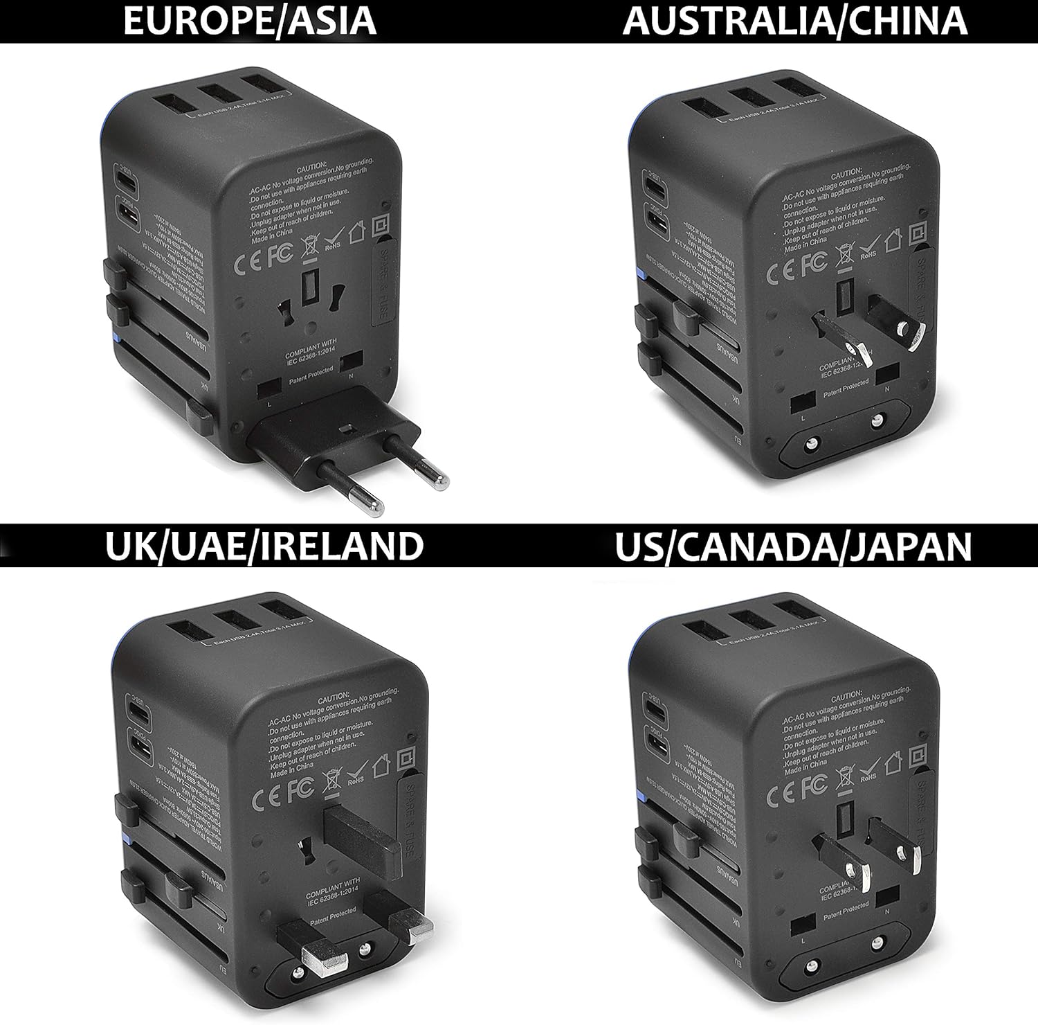 Ceptics World International Travel Plug Adapter - Powerful 33.5W with Pd & QC 3.0 Dual USB-C Power - 3 USB Ports Wall Charger Type I C G A Outlets 110V 220V A/C - EU Euro US UK (11-KU) - Image 6
