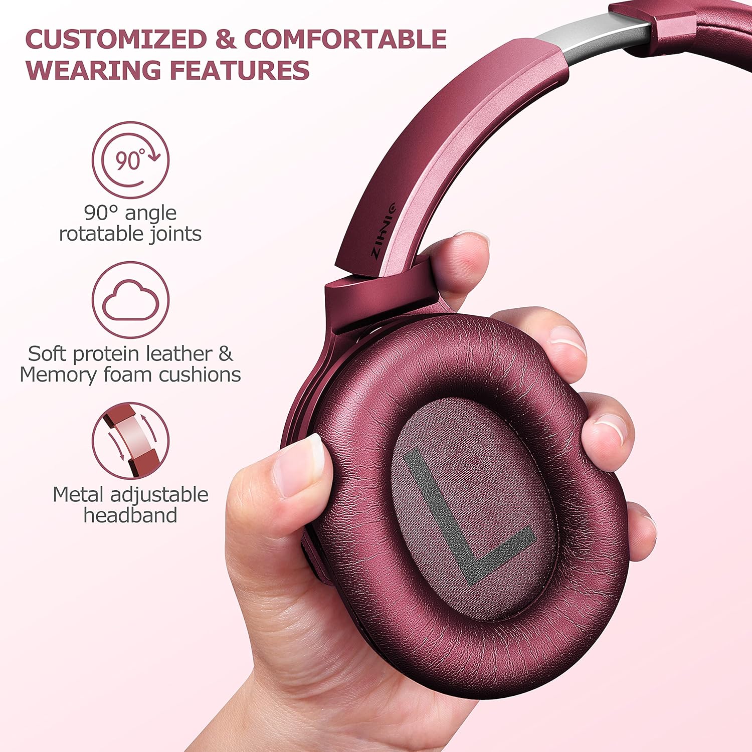 ZIHNIC Active Noise Cancelling Headphones, 40H Playtime Wireless Bluetooth Headset with Deep Bass Hi-Fi Stereo Sound,Comfortable Earpads for Travel/Home/Office (Red) - Image 2