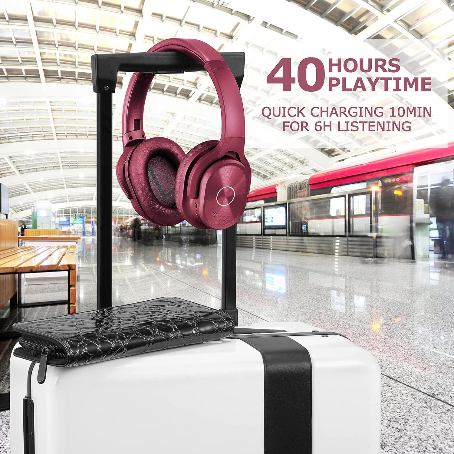 ZIHNIC Active Noise Cancelling Headphones, 40H Playtime Wireless Bluetooth Headset with Deep Bass Hi-Fi Stereo Sound,Comfortable Earpads for Travel/Home/Office (Red) - Image 3